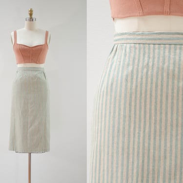 beige striped skirt | 80s 90s plus size vintage raw silk turquoise aqua beige striped academia style pencil skirt 