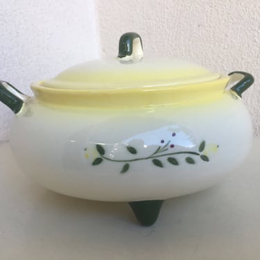 Vintage Brock of California medium serving casserole serving footed bowl plus lid Farmhouse Harvest print ceramic pottery 