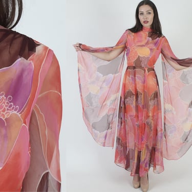 Vintage Lilli Diamond Chiffon Maxi Dress / Ethereal Long Kimono Bell Sleeves / Avant Garde Disco Performance Dress 