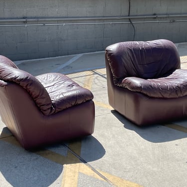 Post Modern Leather Swivel Chairs and Ottoman - Pair 