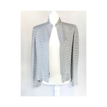 St. John Evening Marie Gray Sequin Cardigan Blazer Jacket Silver Metallic Glimmer Size M/10 
