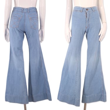 70s Chemin De Fer denim bell bottoms jeans sz 2, vintage 1970s high rise bells, 70s stitched flares pants sz XS 2-4 