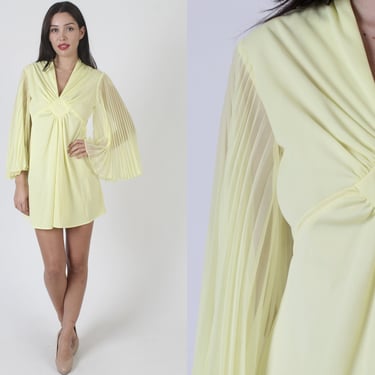 70s Mod Disco Kimono Dress / Sheer Yellow Chiffon Angel Sleeves / Disco Party Outfit /  Solid Diamond Bodice Detail Mini 