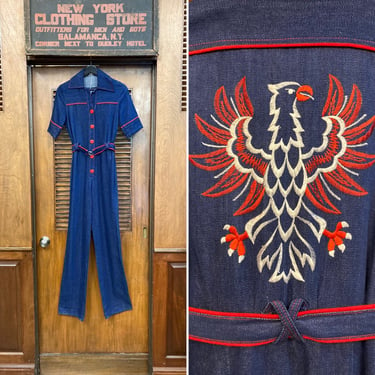 Vintage 1970’s Amazing Denim Cotton Jumpsuit Red Detail, Vintage 1970’s Jumpsuit, Vintage Embroidery, Eagle Design, Vintage Workwear 