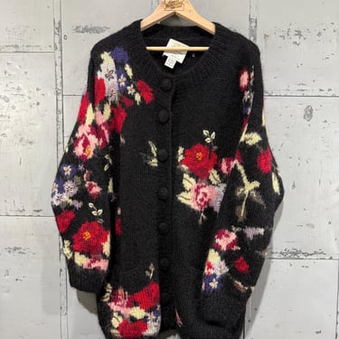 Vintage 80s Mohair floral Picture knit button up cardigan rose flowers sweater cottage core sweater 