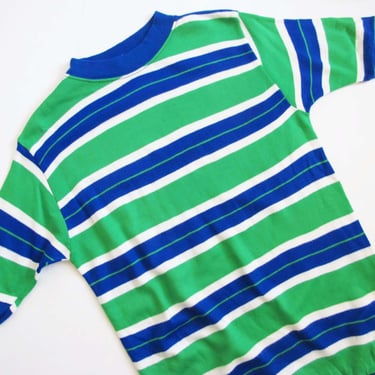 60s Striped Green Blue Knit T Shirt M - Vintage 1960s Surf Short Sleeve Acrylic Top 