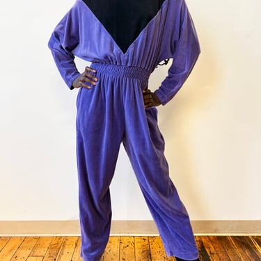 80’s Neiman Marcus Pale Purple Velveteen Shirred Waist Dolman Sleeve Jumpsuit