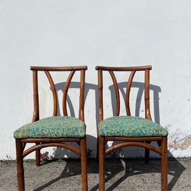 Pair of Rattan Chairs Woven Seat Bohemian Boho Chic Style Coastal Chinese Chippendale Chinoiserie Bamboo Miami Seating Desk Tropical Accent 