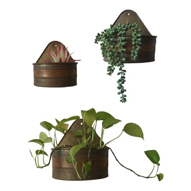 Vintage Brass & Copper Planter Wall Sconces- Set of 3 | Demilune Foliage Pockets | Indoor/Outdoor Dimensional Wall Decor 