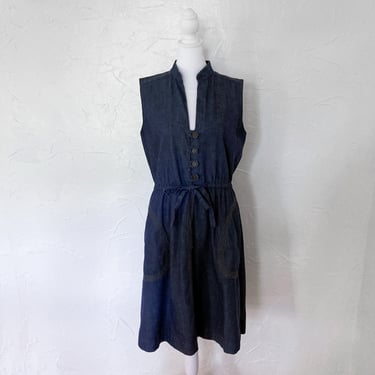 70s Denim Sleeveless Midi Belted Dress with Looped Button Closure | Small/Medium 