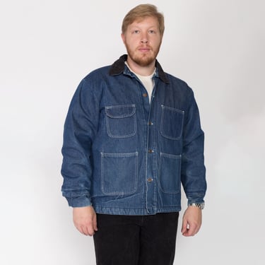 XL 90s Denim Blanket Lined Chore Coat | Vintage Bob Barker Co. Corduroy Collar Workwear Jean Jacket 