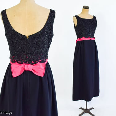 1960s Black Lace & Hot Pink Evening Dress | 60s Black Lace Maxi Dress | Black Lace Formal | Medium 