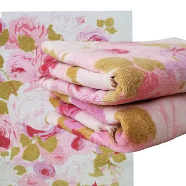 Vintage Pink Bath Towels / 1960s Pink Rose Print Towels / Cotton Bath Towels Set of Two / Retro 60s Floral Guest Bathroom Towels 