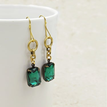 Emerald Green Chain Earrings, Holiday Gift for Her, Green Rhinestone Earrings, Gold Jewelry 