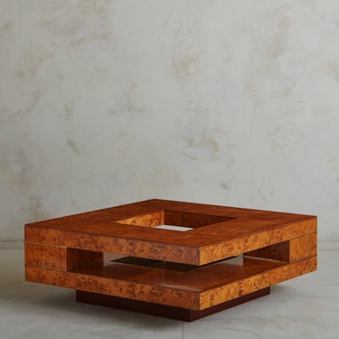 Burl Wood + Brass Pedestal Base Coffee Table Attributed to Willy Rizzo, Italy 1970s