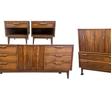 Free Shipping Within Continental US - Vintage Mid Century Modern Dresser Set Dovetailed Drawers Solid Walnut Burl Veneer 