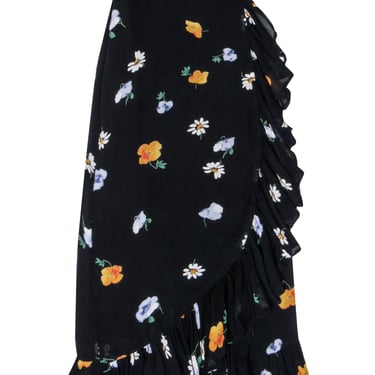 Ganni - Black w/ Orange, Blue, &amp; Green Floral Maxi Wrap Skirt Sz 2