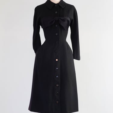 Elegant 1950's I. Magnin Hourglass Dress With Glass Buttons & Bow / SM