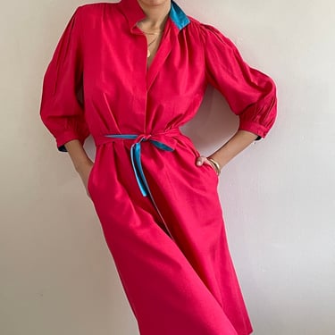 80s silk shirt dress / vintage coral lightweight soft raw silk button front belted pop over shirt mandarin collar resort wear dress | M 