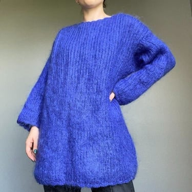 Vintage 80's Purple Blue Mohair Wool Blend Fuzzy Fluffy Oversized Sweater Sz XL 