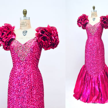 80s Metallic Pink Prom Dress Pink Sequin Dress Gown Small Medium Barbie 80s Pageant Costume// Vintage Metallic 80s Princess Dress Mike Benet 