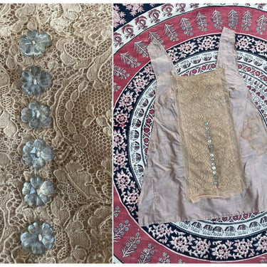 Antique lace dress remnant for repurpose | French ecru net lace, dusty rose silk & 14 flower buttons 