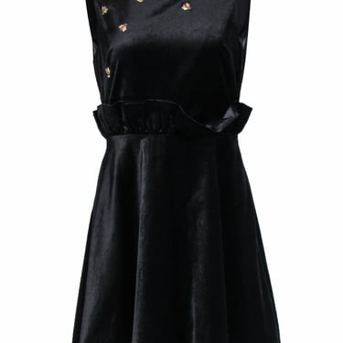 Ted Baker - Black Velvet Fit & Flare Dress w/ Beaded Bee Embellishment Sz 6