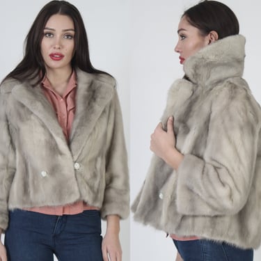 Luxurious 60s Silver Mink Coat / Grey Fur Back Collar Fur Jacket / Short Waist Length Cropped Winter Overcoat 