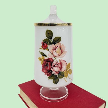 Vintage Apothecary Jar with Lid Retro 1960s Mid Century Modern + White Glass + Red/Pink Roses + MCM Bathroom or Kitchen Storage + Candy Jar 