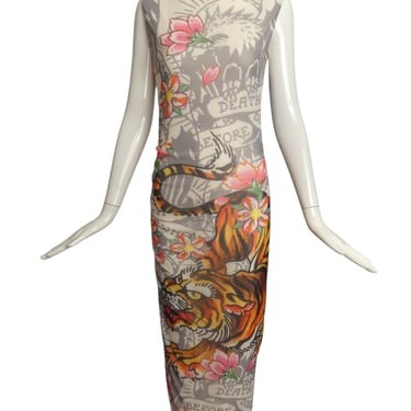 ED HARDY- 1990s Graphic Print Knit Maxi Gown, Size Small