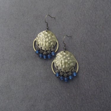 Blue frosted glass and hammered bronze chandelier earrings 