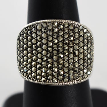 80's sterling marcasite size 7 curved shield ring, VO 925 silver pyrite edgy bling graduated cigar band 