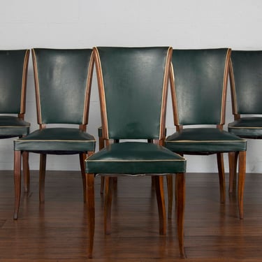 Traditional French Art Deco Maple Dark Green Vinyl Dining Chairs - Set of 6 