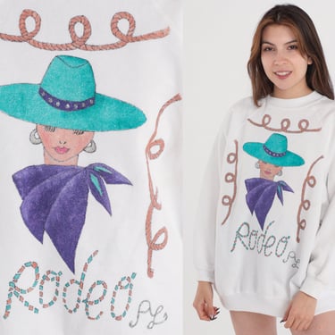 Rodeo Sweatshirt 90s Glitter Cowgirl Sweater Western Graphic Shirt Pullover Crewneck Sparkly Glam White Raglan Sleeve Vintage 1990s 2xl xxl 