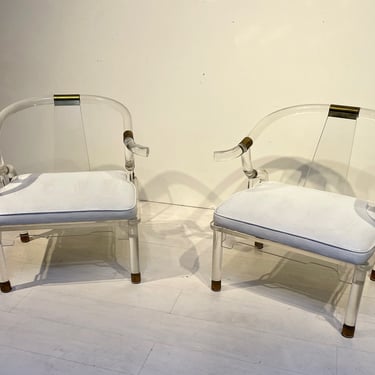 Pair of Charles Hollis Jones Lucite & Brass Chairs with Casters 