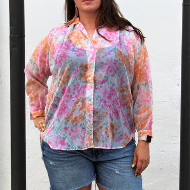 Vintage 1980s Benetton Top, Shacket, Shirt Jacket, Sheer Viscose, floral print, XL Women 
