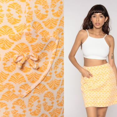 Mod Mini Skirt 60s Yellow-Orange Skirt Geometric Skirt Mini High Waisted 70s Preppy White Pocket Vintage 1960s Small S 