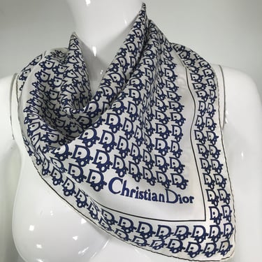SOLD Christian Dior Blue &amp; White Silk Logo Scarf 18 1/8&quot; x 18 1/2&quot;