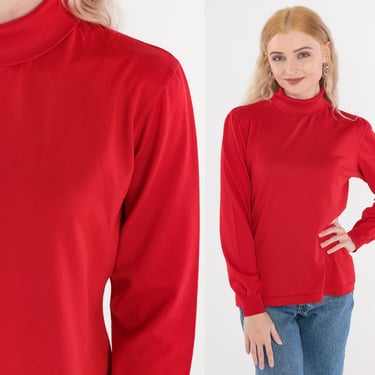 Red Turtleneck Shirt 80s Long Sleeve T-Shirt Pullover Top Funnel Retro Turtle Neck Simple Plain Cotton Single Stitch Vintage 1980s Medium M 