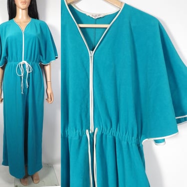 Vintage 80s Teal Velour Loungewear Nightgown Dress Made In USA Size M 