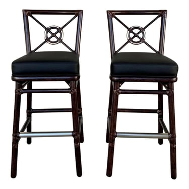 Baker / McGuire Modern Black Leather Target Bar Stools Pair