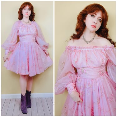 1970s Vintage Nylon Cupcake Puffed Sleeve Dress / 70s Pink Dream Off Shoulder Western Dancing Dress / Large 