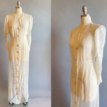 1930's Silk Chiffon Dressing Gown / Sheer Peignoir / Hand Painted / 30's Sheer Lingerie / Size Small Medium S-M 