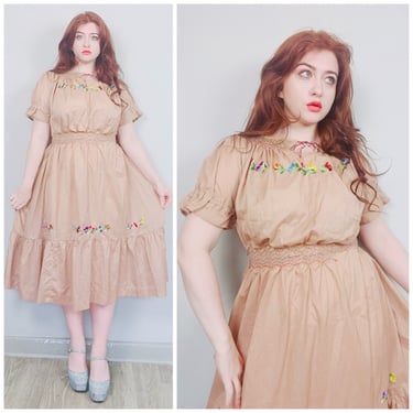 1960s Vintage Brown Floral Embroidered Smocked Dress / 60s / Sixties Cotton Puffed Sleeve Rainbow Peasant Dress / Medium - Large 