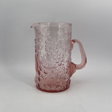 Vintage Grapes Vines Leaf Wine Relief Molded Glass Pitcher Hand Blown Handle Mid-Century 
