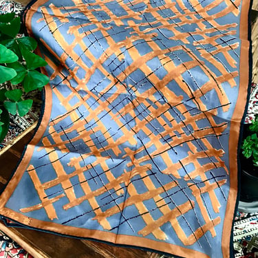 Vintage Usna Silk Scarf Made in Japan Gray Orange Hash Marks Abstract Geometric 42” X 14” 