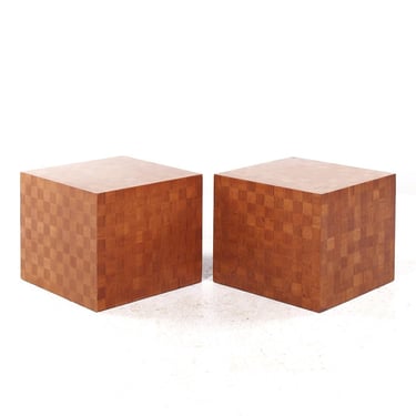 Thayer Coggin Style Mid Century Walnut Parquet Cube End Tables - Pair - mcm 