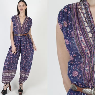 India Gold Block Print Jumpsuit, Purple Floral Gauze Playsuit, Vintage Bohemian Playsuit With Pockets 