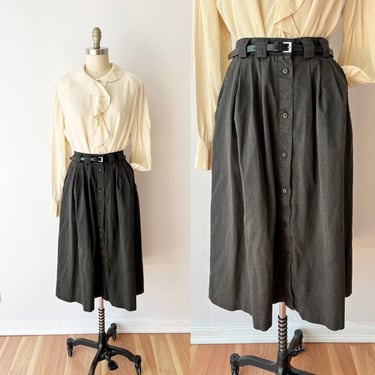 SIZE XS /S Vintage Button Front Black Skirt / Midi Dark Academia Belted Skirt / Preppy Mid Calf Black Skirt Pockets 