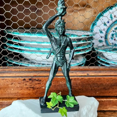 Cast Metal Greek Sculpture Verdigris Patina~Man with Bow & Arrows~Gifts for Him 